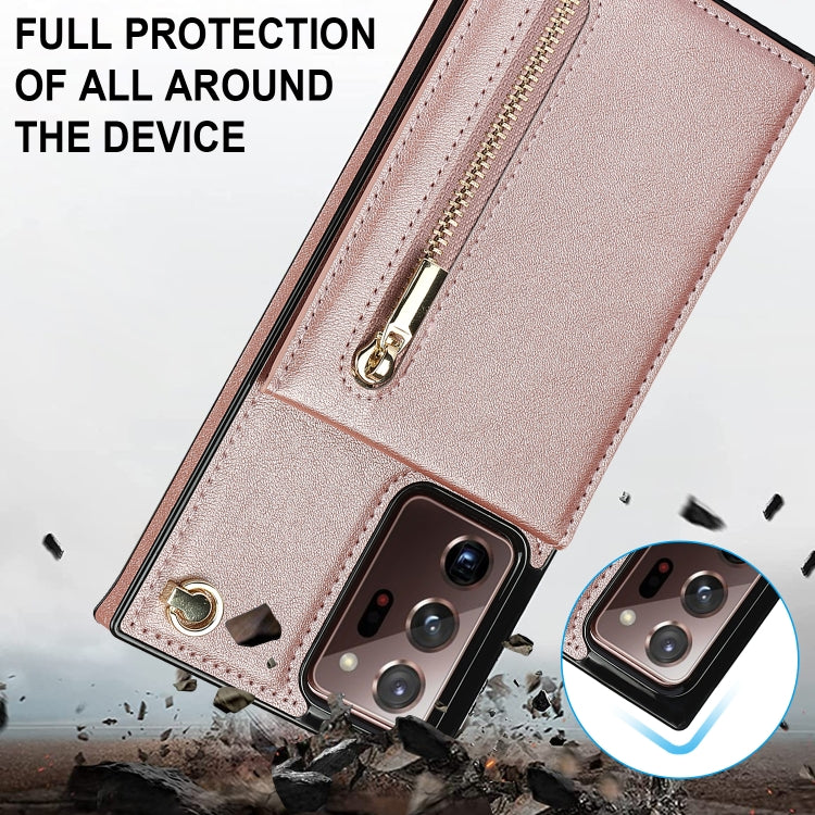For Samsung Galaxy Note20 Ultra Cross-body Zipper Square TPU+PU Back Cover Case with Holder & Card Slots & Wallet & Strap(Rose Gold) by buy2fix