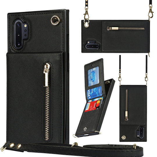 For Samsung Galaxy Note10+ Cross-body Zipper Square TPU+PU Back Cover Case with Holder & Card Slots & Wallet & Strap(Black)