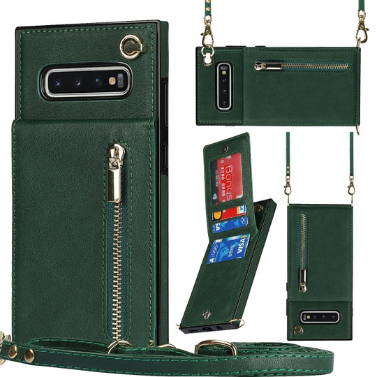 For Samsung Galaxy S10 Cross-body Zipper Square TPU+PU Back Cover Case with Holder & Card Slots & Wallet & Strap(Green)