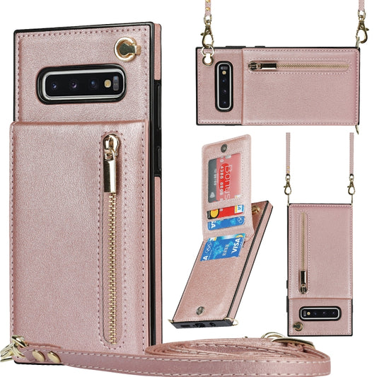 For Samsung Galaxy S10 Plus Cross-body Zipper Square TPU+PU Back Cover Case with Holder & Card Slots & Wallet & Strap(Rose Gold) by buy2fix
