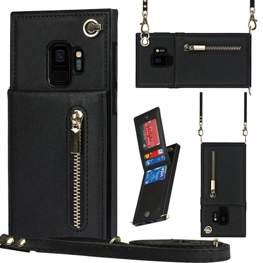 For Samsung Galaxy S9 Cross-body Zipper Square TPU+PU Back Cover Case with Holder & Card Slots & Wallet & Strap(Black)