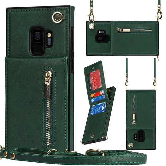 For Samsung Galaxy S9 Cross-body Zipper Square TPU+PU Back Cover Case with Holder & Card Slots & Wallet & Strap(Green)