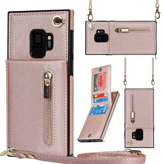 For Samsung Galaxy S9 Cross-body Zipper Square TPU+PU Back Cover Case with Holder & Card Slots & Wallet & Strap(Rose Gold)