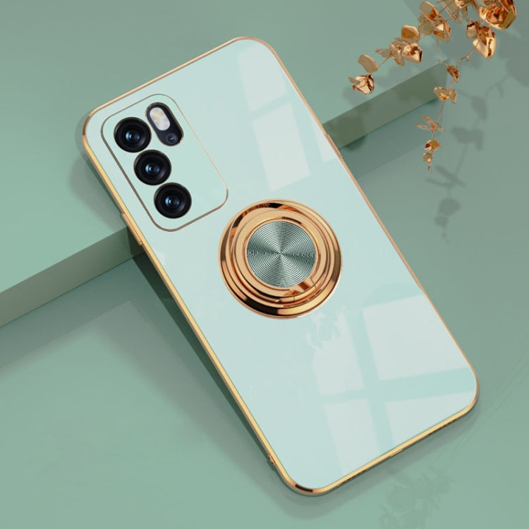 For OPPO Reno6 6D Electroplating Full Coverage Silicone Protective Case with Magnetic Ring Holder(Light Cyan) by buy2fix