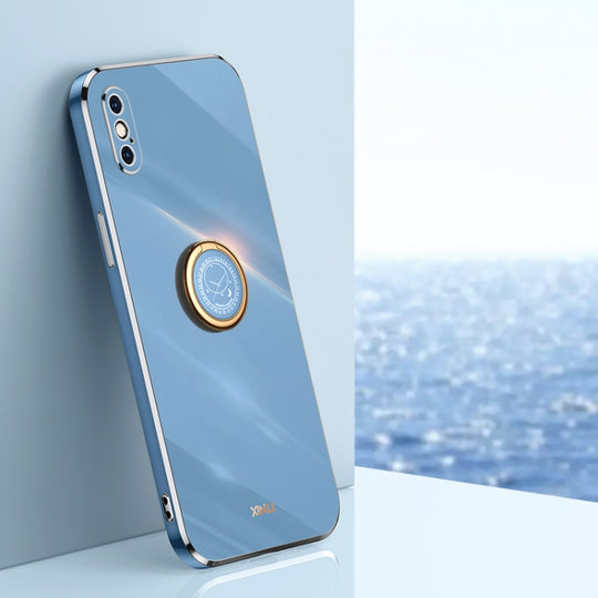 For iPhone X XINLI Straight Edge 6D Electroplate TPU Phone Case with Ring Holder(Celestial Blue)