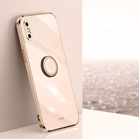For iPhone X XINLI Straight Edge 6D Electroplate TPU Phone Case with Ring Holder(Pink) - More iPhone Cases by XINLI | Online Shopping UK | buy2fix