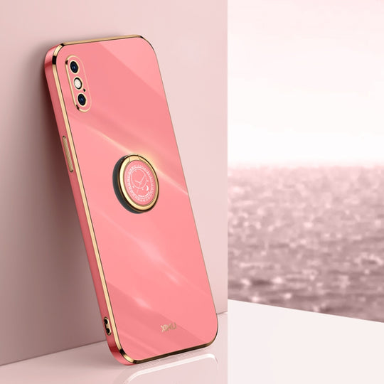 For iPhone XS XINLI Straight Edge 6D Electroplate TPU Phone Case with Ring Holder(Hawthorn Red)