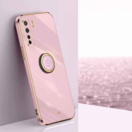 For OPPO A91 XINLI Straight Edge 6D Electroplate TPU Phone Case with Ring Holder(Cherry Purple)