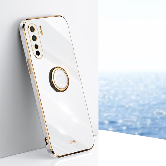 For OPPO A91 XINLI Straight Edge 6D Electroplate TPU Phone Case with Ring Holder(White) - OPPO Cases by XINLI | Online Shopping UK | buy2fix