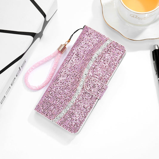 For iPhone 13 mini Glitter Powder Horizontal Flip Leather Case with Card Slots & Holder & Lanyard (Pink) by buy2fix