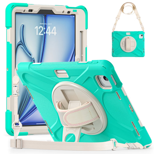 For iPad Air 11 2024 / Air 5 10.9 2022 / Air 4 10.9 2020 / Pro 11 2022 /2021 / 2018 / 2020 Silicone + PC Protective Tablet Case with Holder & Shoulder Strap(Mint Green)