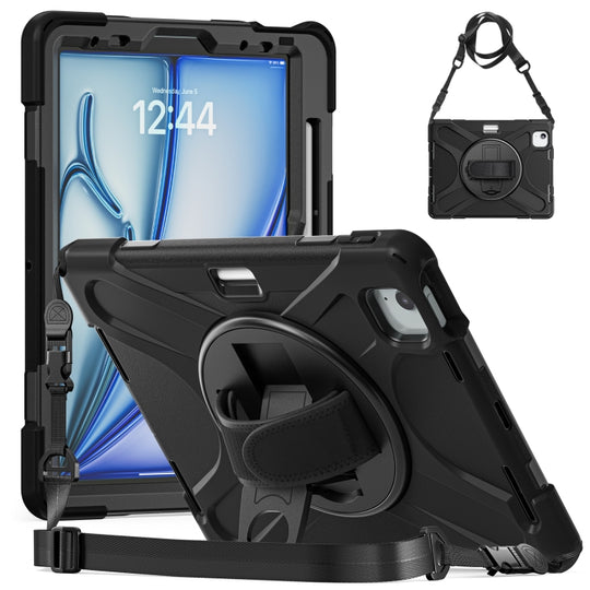For iPad Air 11 2024 / Air 5 10.9 2022 / Air 4 10.9 2020 / Pro 11 2022 /2021 / 2018 / 2020 Silicone + PC Protective Tablet Case with Holder & Shoulder Strap(Black)