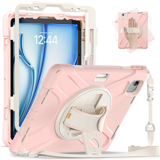 For iPad Air 11 2024 / Air 5 10.9 2022 / Air 4 10.9 2020 / Pro 11 2022 /2021 / 2018 / 2020 Silicone + PC Protective Tablet Case with Holder & Shoulder Strap(Cherry Blossom Pink) by buy2fix