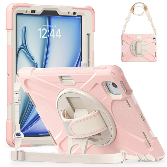 For iPad Air 11 2024 / Air 5 10.9 2022 / Air 4 10.9 2020 / Pro 11 2022 /2021 / 2018 / 2020 Silicone + PC Protective Tablet Case with Holder & Shoulder Strap(Cherry Blossom Pink)