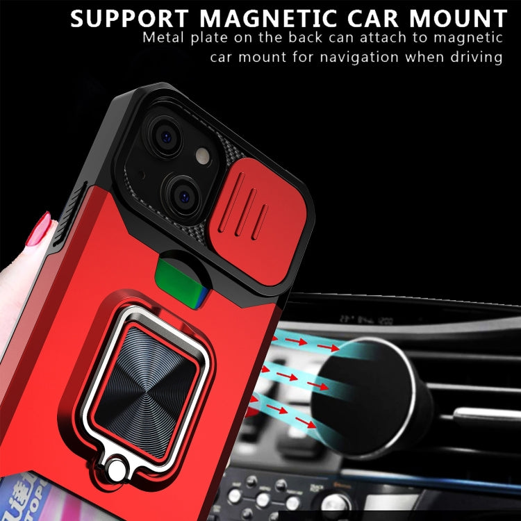 For iPhone 13 Sliding Camshield Card Slot Ring Kickstand Phone Case(Blue) by buy2fix