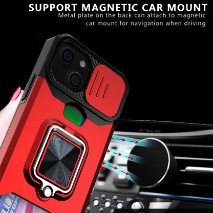 For iPhone 13 Sliding Camshield Card Slot Ring Kickstand Phone Case(Blue) by buy2fix