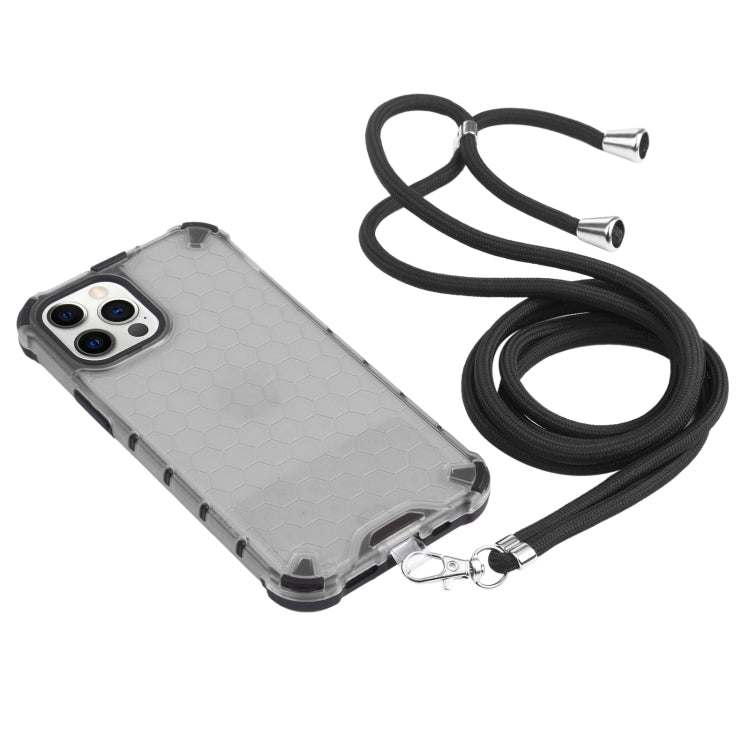 For iPhone 12 Pro Max Shockproof Honeycomb PC + TPU Case with Neck Lanyard(Grey) by buy2fix