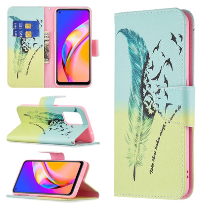 For OPPO A94 5G / Reno5 Z 5G / F19 Pro+ Colored Drawing Pattern Horizontal Flip Leather Case with Holder & Card Slots & Wallet(Feather) by buy2fix