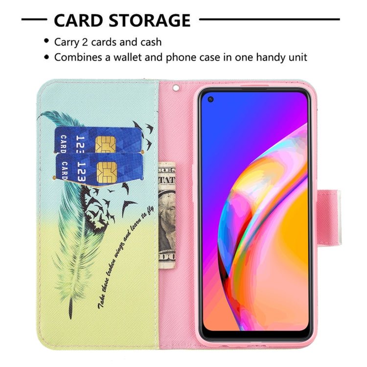 For OPPO A94 5G / Reno5 Z 5G / F19 Pro+ Colored Drawing Pattern Horizontal Flip Leather Case with Holder & Card Slots & Wallet(Feather) by buy2fix