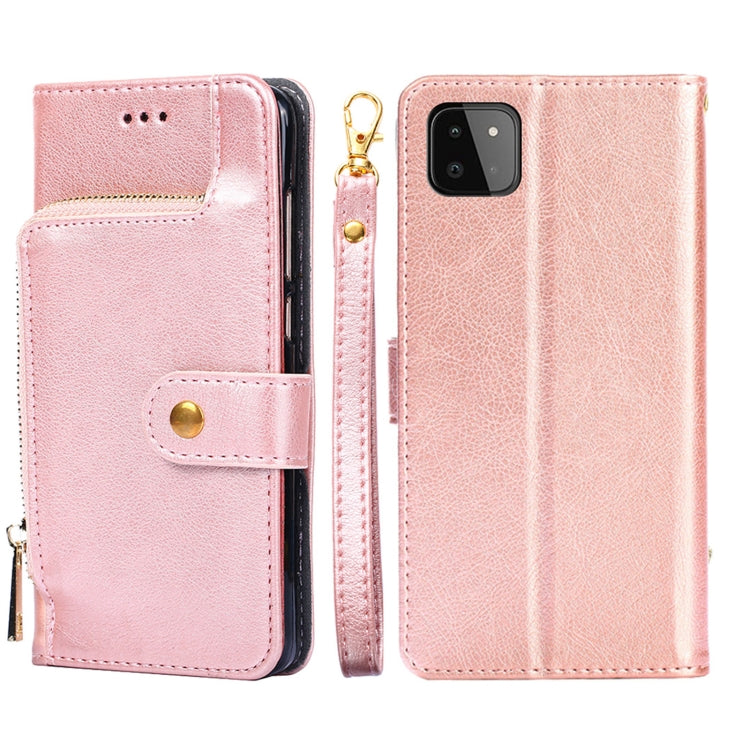 For Samsung Galaxy A22 5G Zipper Bag PU + TPU Horizontal Flip Leather Case with Holder & Card Slot & Wallet & Lanyard(Rose Gold) by buy2fix