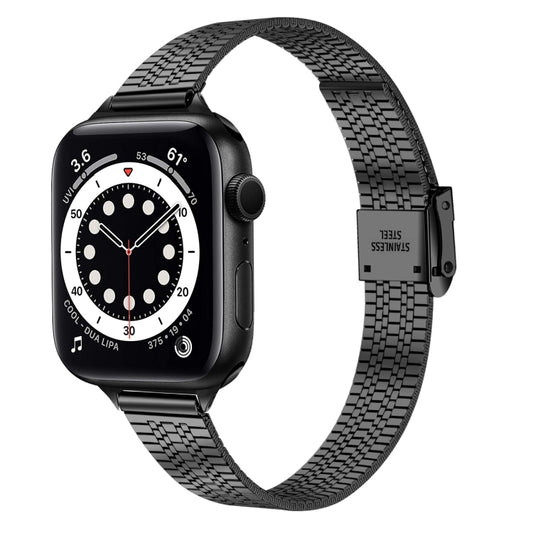 14mm Seven-beads Double Safety Buckle Slim Steel Watch Band For Apple Watch Series 9&8&7 41mm / SE 3&SE 2&6&SE&5&4 40mm / 3&2&1 38mm(Black) by buy2fix