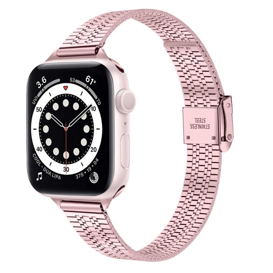 14mm Seven-beads Double Safety Buckle Slim Steel Watch Band For Apple Watch Series 9&8&7 41mm / SE 3&SE 2&6&SE&5&4 40mm / 3&2&1 38mm(Rose Pink) by buy2fix