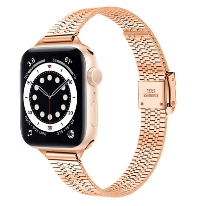 14mm Seven-beads Double Safety Buckle Slim Steel Watch Band For Apple Watch Series 9&8&7 41mm / SE 3&SE 2&6&SE&5&4 40mm / 3&2&1 38mm(Rose Gold) by buy2fix