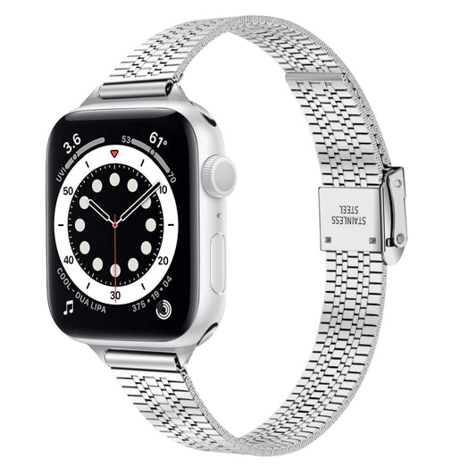 14mm Seven-beads Double Safety Buckle Slim Steel Watch Band For Apple Watch Series 9&8&7 41mm / SE 3&SE 2&6&SE&5&4 40mm / 3&2&1 38mm(Silver) by buy2fix