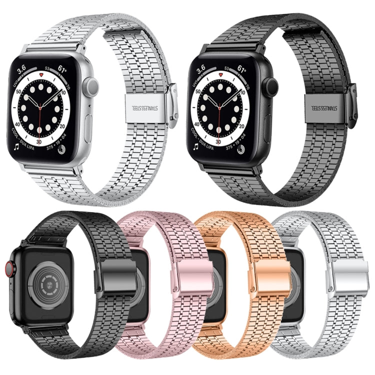 Seven-beads Double Safety Buckle Steel Watch Band For Apple Watch Series 9&8&7 41mm / SE 3&SE 2&6&SE&5&4 40mm / 3&2&1 38mm(Black) by buy2fix