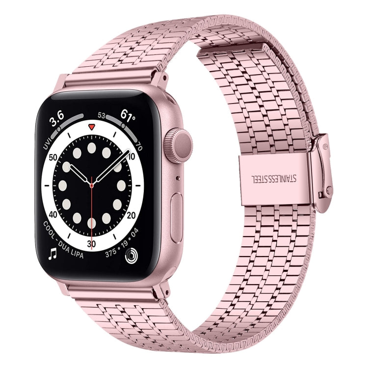 Seven-beads Double Safety Buckle Steel Watch Band For Apple Watch Ultra 49mm&Watch Ultra 2 49mm / Series 9&8&7 45mm / SE 3&SE 2&6&SE&5&4 44mm / 3&2&1 42mm(Rose Pink) by buy2fix