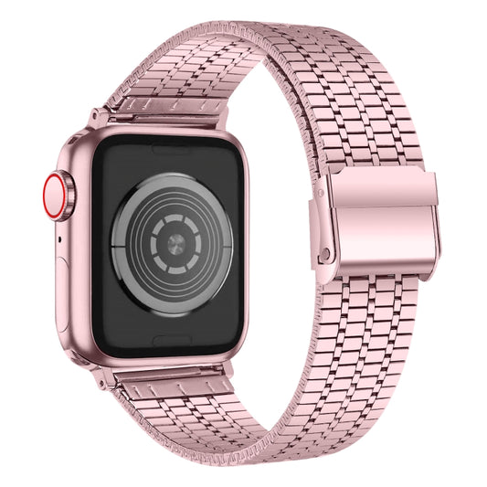 Seven-beads Double Safety Buckle Steel Watch Band For Apple Watch Ultra 49mm&Watch Ultra 2 49mm / Series 9&8&7 45mm / SE 3&SE 2&6&SE&5&4 44mm / 3&2&1 42mm(Rose Pink) by buy2fix