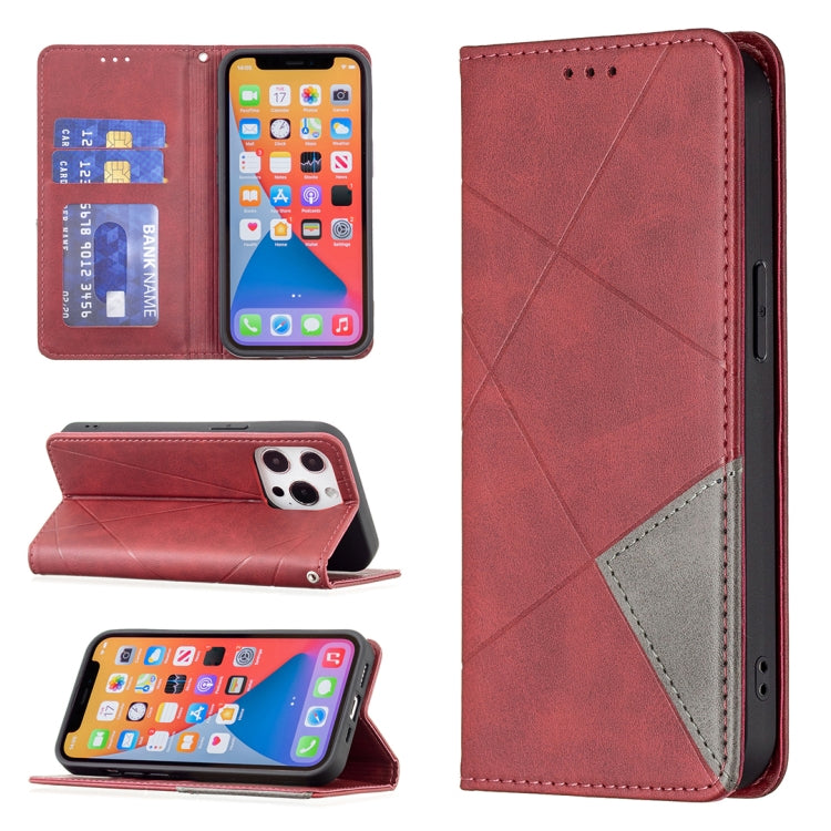 For iPhone 13 mini Rhombus Texture Horizontal Flip Magnetic Leather Case with Holder & Card Slots (Red) by buy2fix