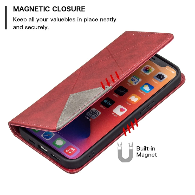 For iPhone 13 mini Rhombus Texture Horizontal Flip Magnetic Leather Case with Holder & Card Slots (Red) by buy2fix