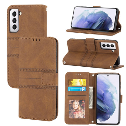 For Samsung Galaxy S21+ 5G Embossed Striped Magnetic Buckle PU + TPU Horizontal Flip Leather Case with Holder & Card Slot & Wallet & Photo Frame & Sling(Brown) by buy2fix