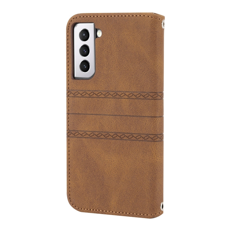 For Samsung Galaxy S21+ 5G Embossed Striped Magnetic Buckle PU + TPU Horizontal Flip Leather Case with Holder & Card Slot & Wallet & Photo Frame & Sling(Brown) by buy2fix