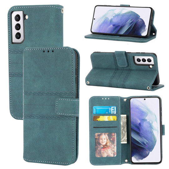 For Samsung Galaxy S21 FE Embossed Striped Magnetic Buckle PU + TPU Horizontal Flip Leather Case with Holder & Card Slot & Wallet & Photo Frame & Sling(Green)