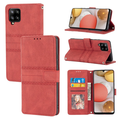 For Samsung Galaxy A12 5G Embossed Striped Magnetic Buckle PU + TPU Horizontal Flip Leather Case with Holder & Card Slot & Wallet & Photo Frame & Sling(Red) by buy2fix