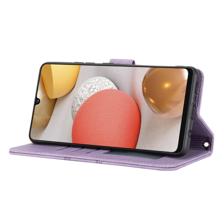 For Samsung Galaxy A12 5G Embossed Striped Magnetic Buckle PU + TPU Horizontal Flip Leather Case with Holder & Card Slot & Wallet & Photo Frame & Sling(Purple) by buy2fix