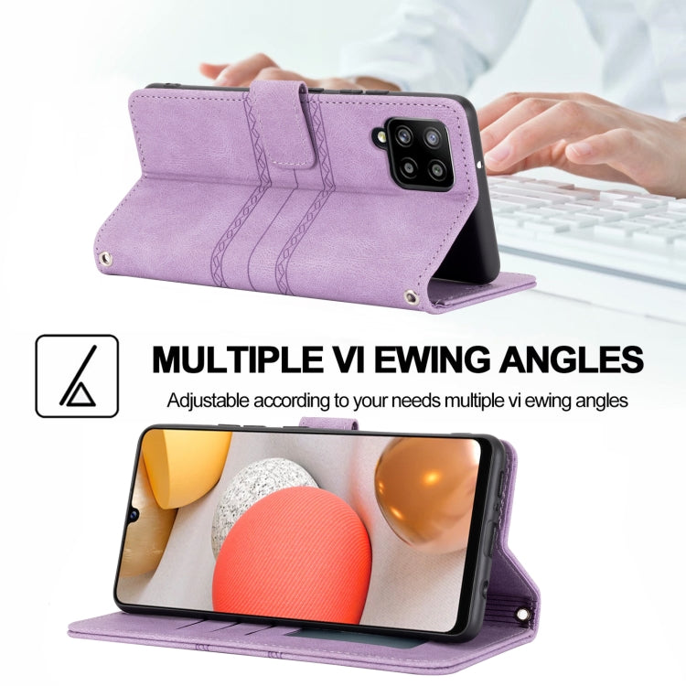For Samsung Galaxy A12 5G Embossed Striped Magnetic Buckle PU + TPU Horizontal Flip Leather Case with Holder & Card Slot & Wallet & Photo Frame & Sling(Purple) by buy2fix