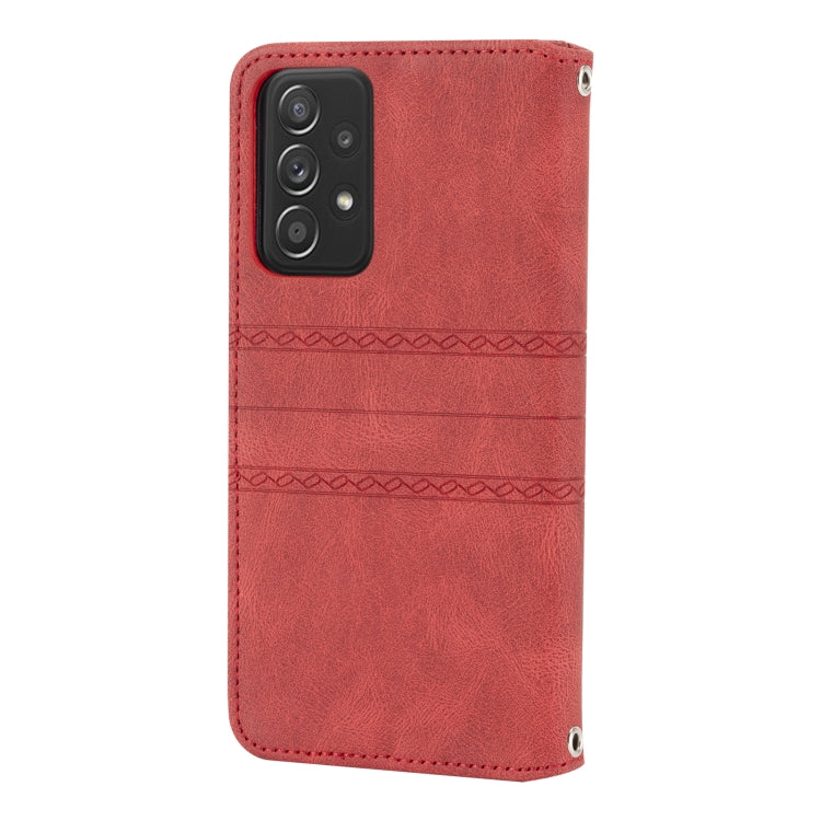 For Samsung Galaxy A52 5G / 4G Embossed Striped Magnetic Buckle PU + TPU Horizontal Flip Leather Case with Holder & Card Slot & Wallet & Photo Frame & Sling(Red) by buy2fix