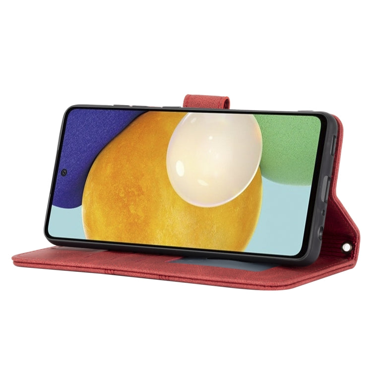 For Samsung Galaxy A52 5G / 4G Embossed Striped Magnetic Buckle PU + TPU Horizontal Flip Leather Case with Holder & Card Slot & Wallet & Photo Frame & Sling(Red) by buy2fix