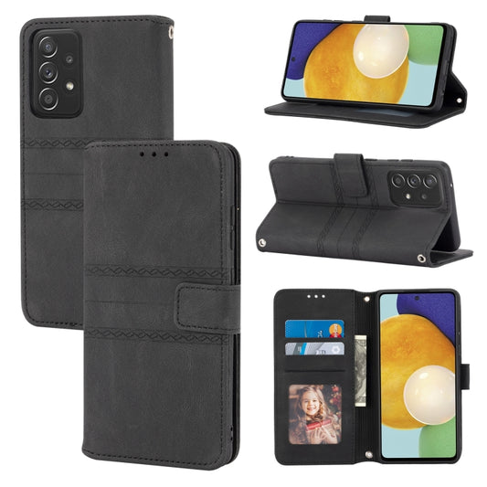 For Samsung Galaxy A52 5G / 4G Embossed Striped Magnetic Buckle PU + TPU Horizontal Flip Leather Case with Holder & Card Slot & Wallet & Photo Frame & Sling(Black) by buy2fix