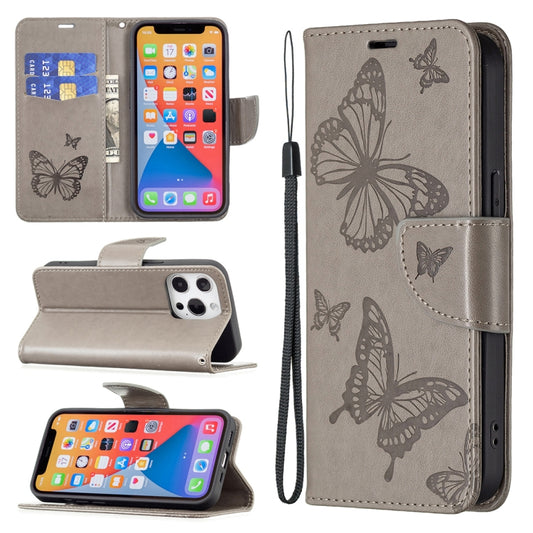 For iPhone 13 mini Embossing Two Butterflies Pattern Horizontal Flip PU Leather Case with Holder & Card Slot & Wallet & Lanyard (Grey) by buy2fix