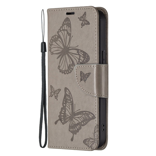 For iPhone 13 mini Embossing Two Butterflies Pattern Horizontal Flip PU Leather Case with Holder & Card Slot & Wallet & Lanyard (Grey) by buy2fix