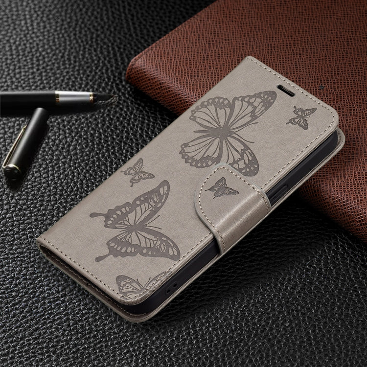 For iPhone 13 mini Embossing Two Butterflies Pattern Horizontal Flip PU Leather Case with Holder & Card Slot & Wallet & Lanyard (Grey) by buy2fix