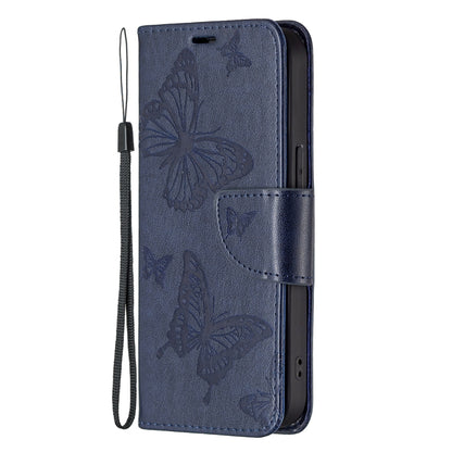For iPhone 13 mini Embossing Two Butterflies Pattern Horizontal Flip PU Leather Case with Holder & Card Slot & Wallet & Lanyard (Blue) by buy2fix