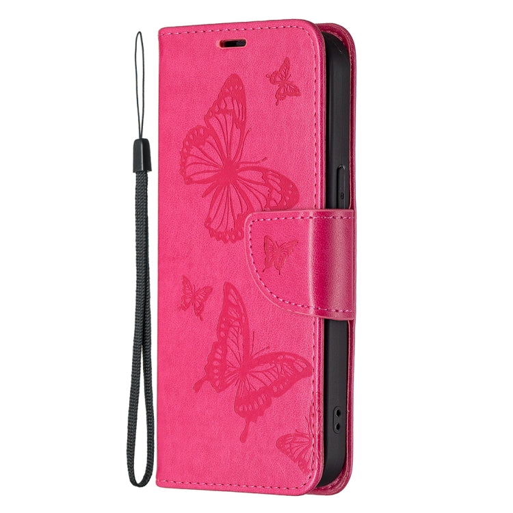 For iPhone 13 mini Embossing Two Butterflies Pattern Horizontal Flip PU Leather Case with Holder & Card Slot & Wallet & Lanyard (Rose Red) by buy2fix