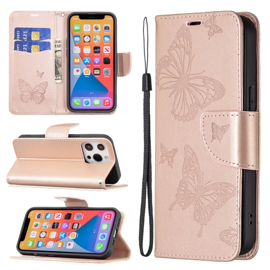 For iPhone 13 mini Embossing Two Butterflies Pattern Horizontal Flip PU Leather Case with Holder & Card Slot & Wallet & Lanyard (Rose Gold) by buy2fix
