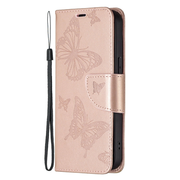 For iPhone 13 mini Embossing Two Butterflies Pattern Horizontal Flip PU Leather Case with Holder & Card Slot & Wallet & Lanyard (Rose Gold) by buy2fix
