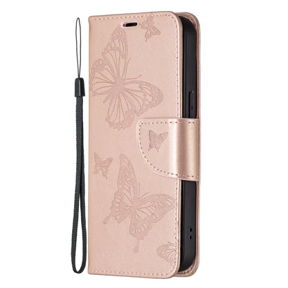 For iPhone 13 mini Embossing Two Butterflies Pattern Horizontal Flip PU Leather Case with Holder & Card Slot & Wallet & Lanyard (Rose Gold) by buy2fix